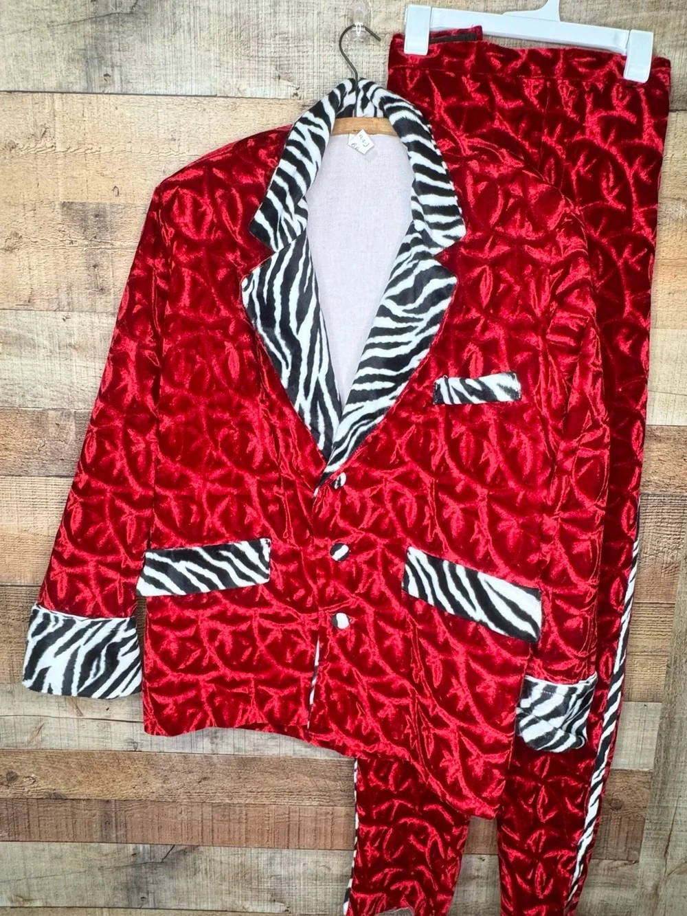 VTG Pimp Red Crush Velvet Zebra Trim Costume Smoking Jacket Pants Set Halloween